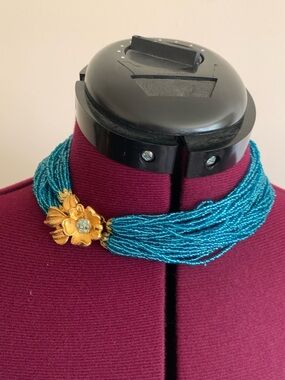 Beaded Turquoise Multi-Strand Choker with Gold Flower Clasp
